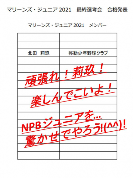 マリーンズ・ジュニア 2021 北田選手が選出！